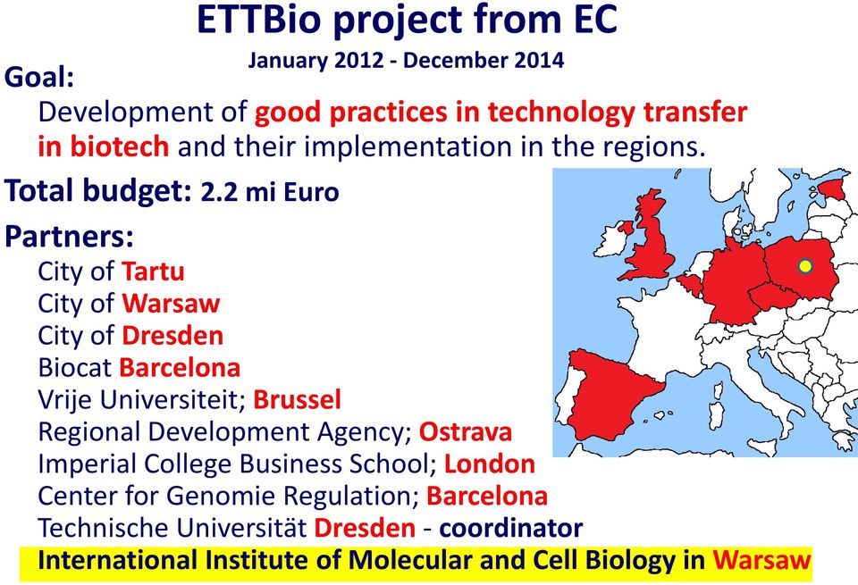 2 mi Euro Partners: City of Tartu City of Warsaw City of Dresden Biocat Barcelona Vrije Universiteit; Brussel Regional