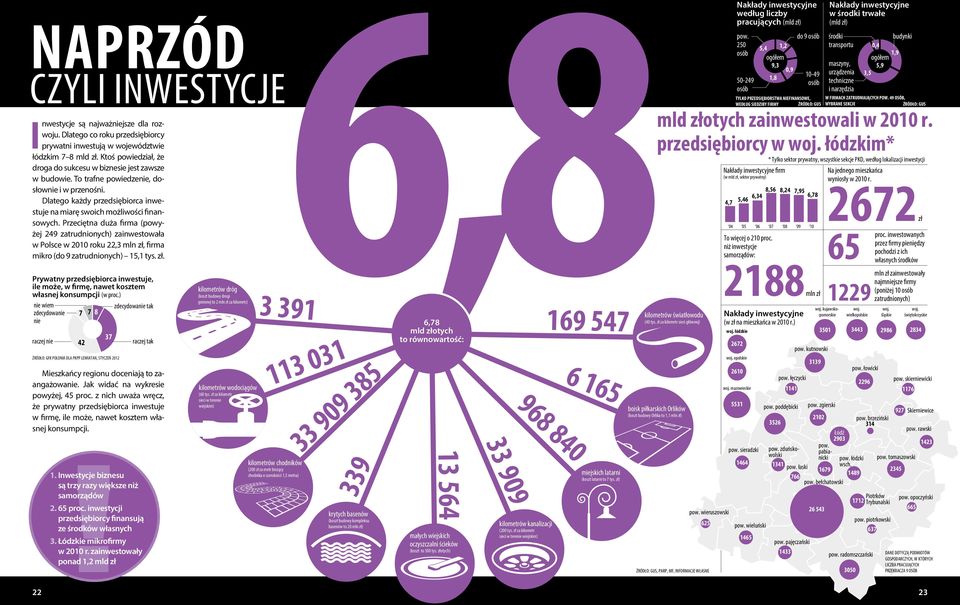 Przeciętna duża firma (powyżej 249 zatrudnionych) zainwestowała w Polsce w 2010 roku 22,3 mln zł, firma mikro (do 9 zatrudnionych) 15,1 tys. zł. Prywatny przedsiębiorca inwestuje, ile może, w firmę, nawet kosztem własnej konsumpcji (w proc.