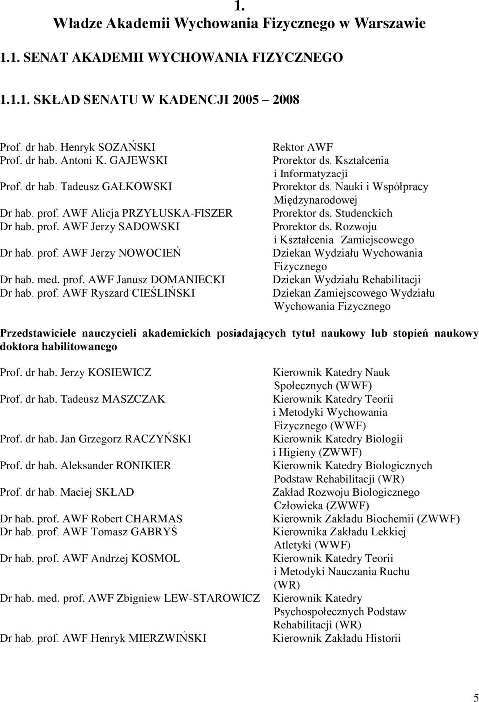 prof. AWF Ryszard CIEŚLIŃSKI Rektor AWF Prorektor ds. Kształcenia i Informatyzacji Prorektor ds. Nauki i Współpracy Międzynarodowej Prorektor ds. Studenckich Prorektor ds.