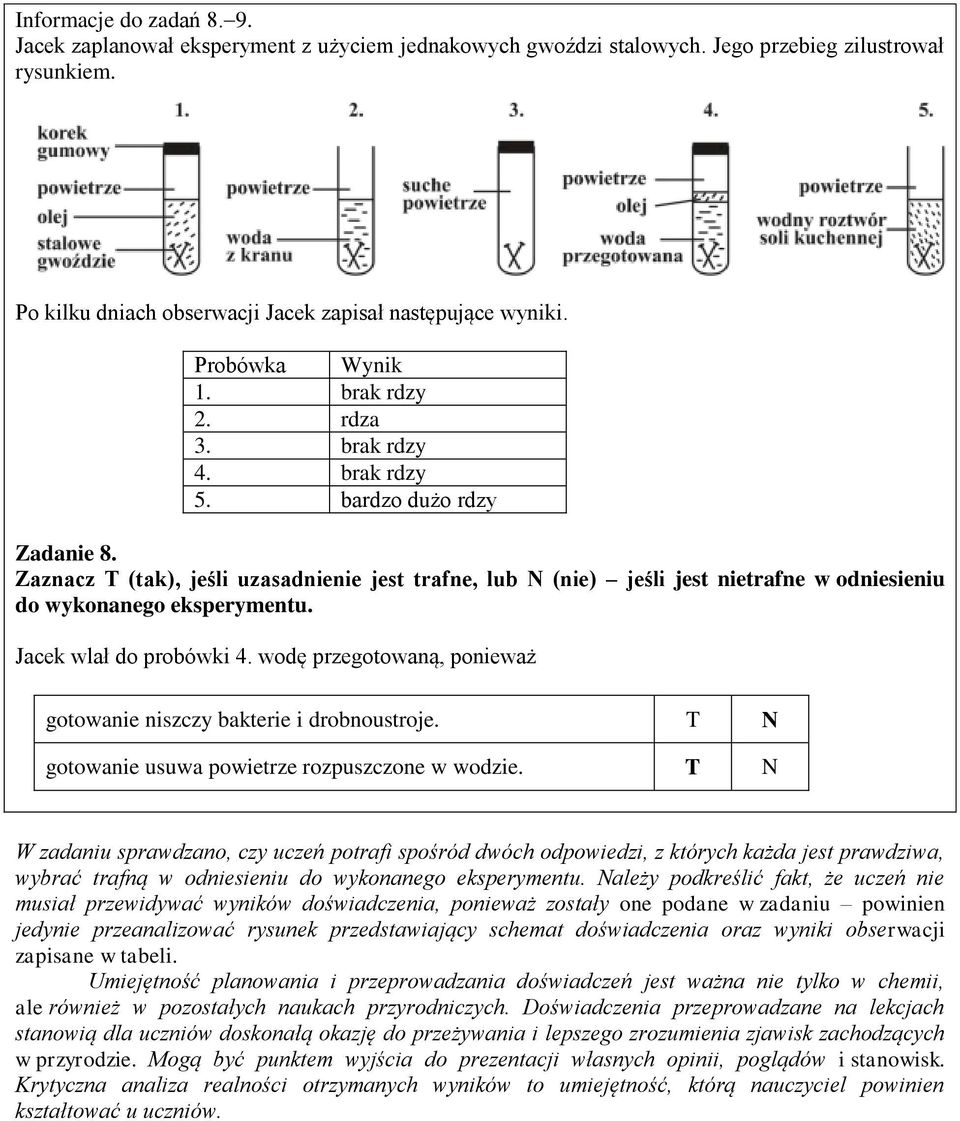 Zaznacz T (tak), jeśli uzasadnienie jest trafne, lub N (nie) jeśli jest nietrafne w odniesieniu do wykonanego eksperymentu. Jacek wlał do probówki 4.