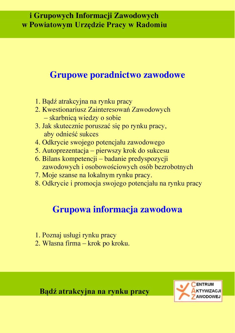 Odkrycie swojego potencjału zawodowego 5. Autoprezentacja pierwszy krok do sukcesu 6.