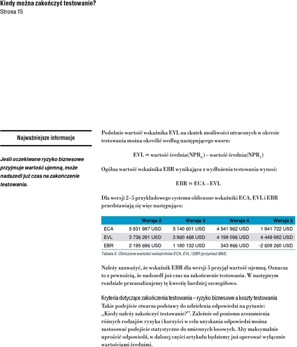 wskaźnika EBR wynikająca z wydłużenia testowania wynosi: EBR = ECA EVL Dla wersji 2 5 przykładowego systemu obliczone wskaźniki ECA, EVL i EBR przedstawiają się więc następująco: Wersja 2 Wersja 3