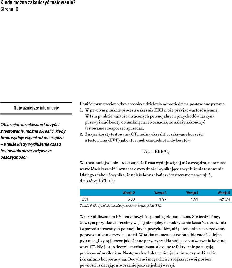 W tym punkcie wartość utraconych potencjalnych przychodów zaczyna przewyższać koszty do uniknięcia, co oznacza, że należy zakończyć testowanie i rozpocząć sprzedaż. 2.