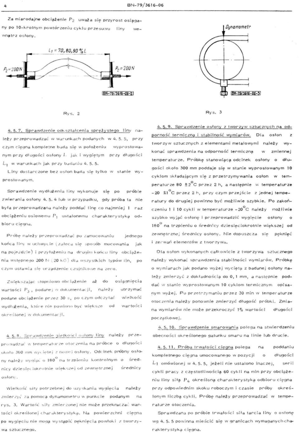 . d"niu 4.5.5. Liny dos ti)l'czone bez o s łon bada s ię tylko w st anie wyprostow anym. Sprawdzenie wydłlcż:enia l i n y wy"onuje s ię po próbi e zwierani" osłony 4.5.4 lub w przypadku, gdy próba ta nie by ł a prleprowadza n,) należy podda lin ę c o najmniej raz obci~ żeni u osiowelnu Pl ustalonemu c harak terystyk?