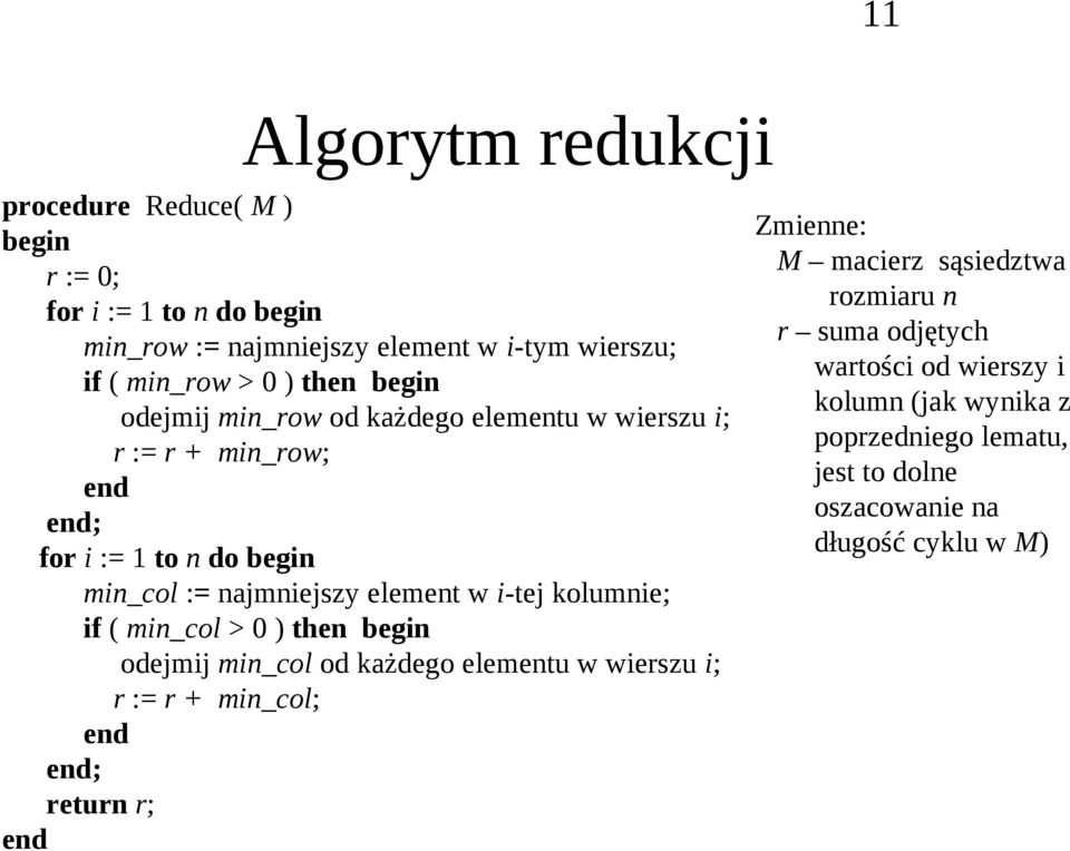 i-tj kolumni; if ( min_col > 0 ) thn bgin ojmij min_col o kżgo lmntu w wirszu i; r := r + min_col; n n; rturn r; n Zminn: M