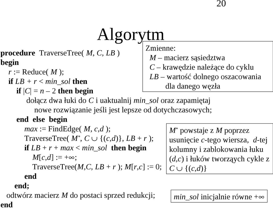 := + ; TrvrsTr(M,C, LB + r ); Mr,c := 0; n n; otwórz mcirz M o postci sprz rukcji; n Zminn: M mcirz sąsiztw C krwęzi nlżąc o cyklu LB wrtość olngo