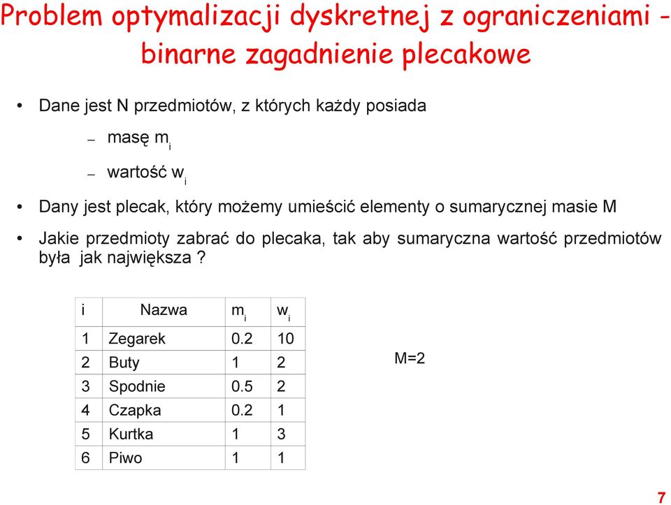 elementy o sumarycznej masie M Jakie przedmioty zabrać do plecaka, tak aby sumaryczna wartość przedmiotów