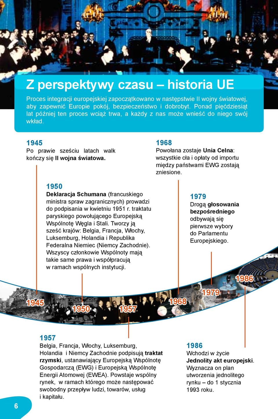 1945 1950 Deklaracja Schumana (francuskiego ministra spraw zagranicznych) prowadzi do podpisania w kwietniu 1951 r. traktatu paryskiego powołującego Europejską Wspólnotę Węgla i Stali.