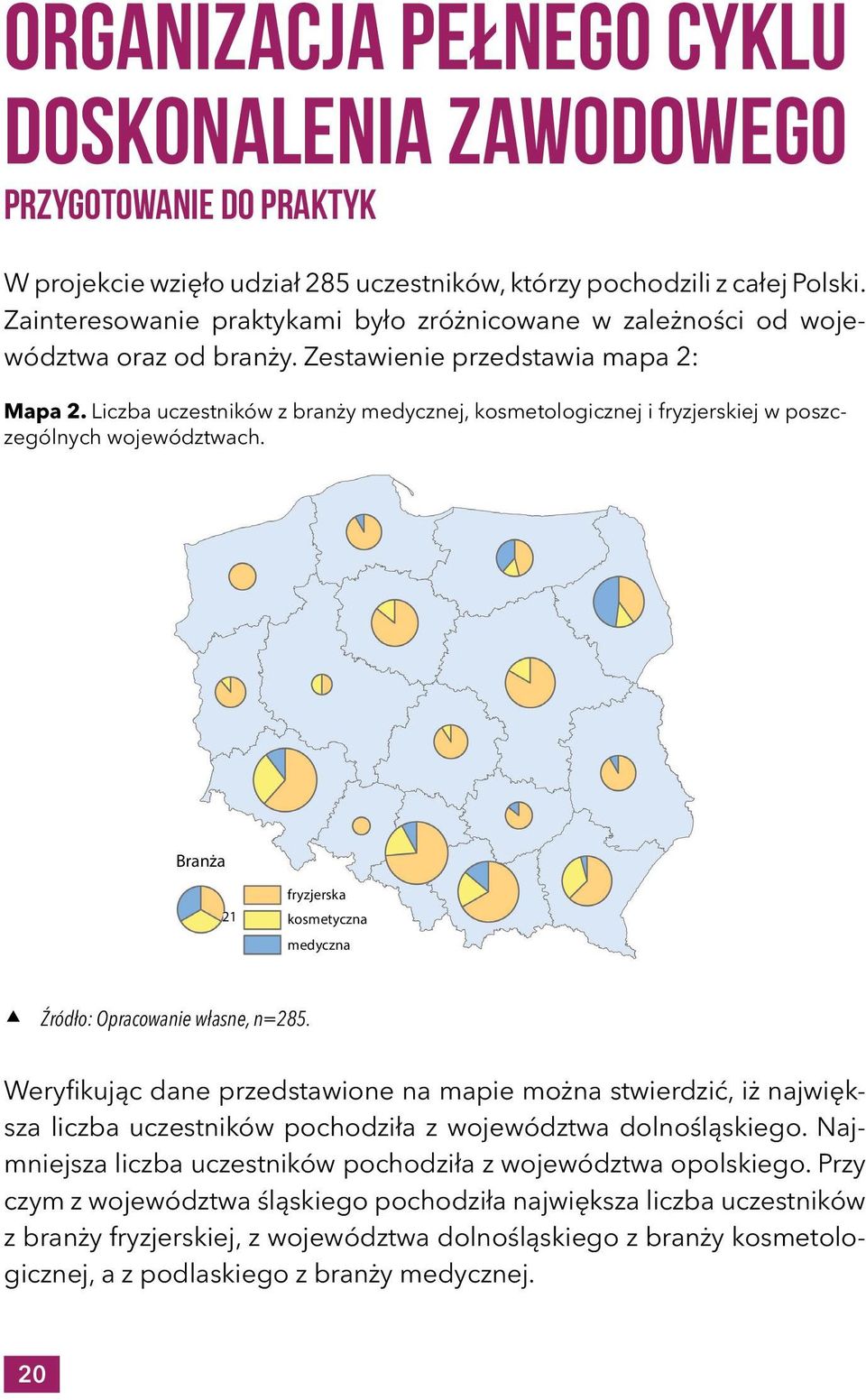 Liczba uczestników z branży medycznej, kosmetologicznej i fryzjerskiej w poszczególnych województwach. Branża 21 fryzjerska kosmetyczna medyczna cc Źródło: Opracowanie własne, n=285.