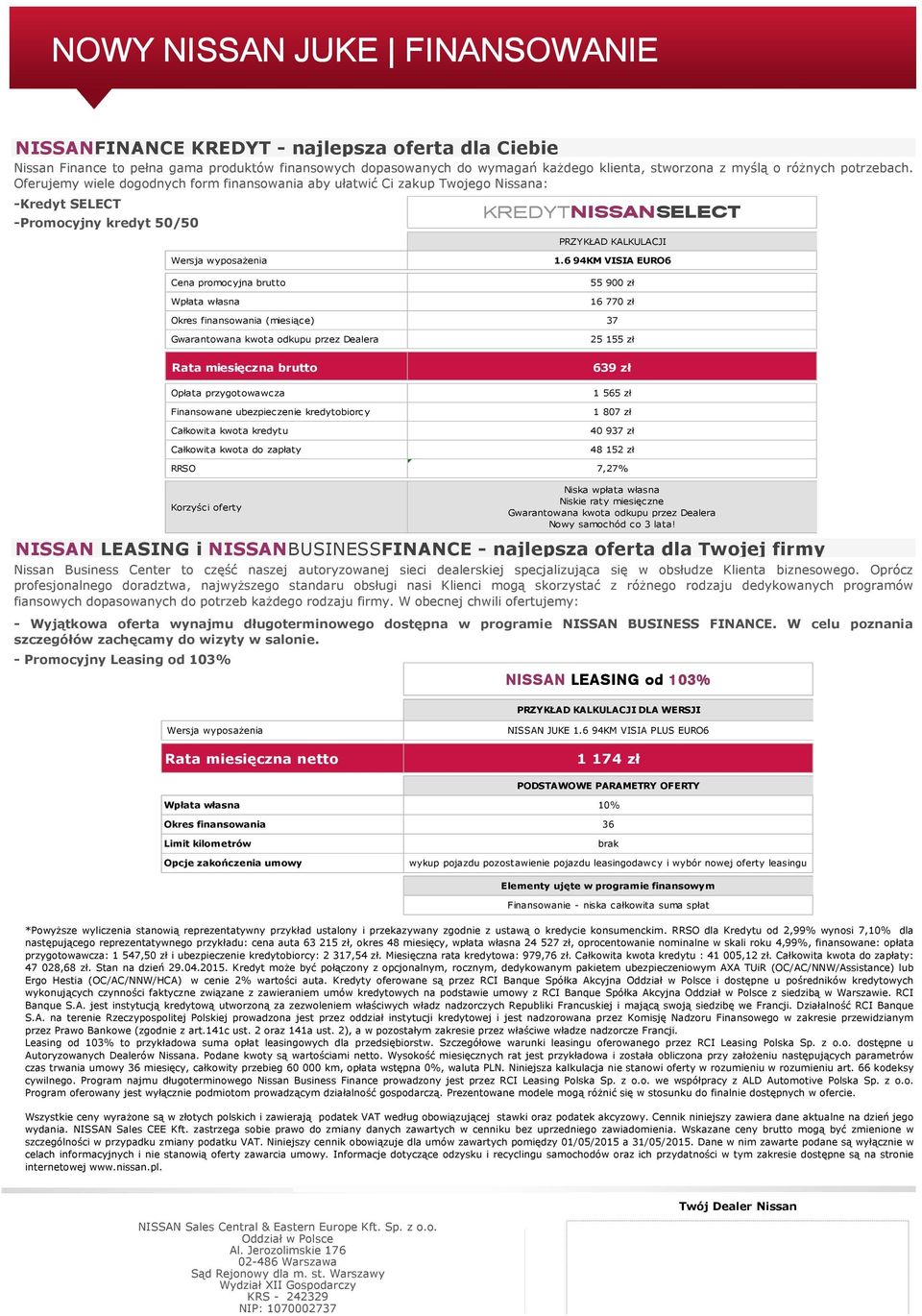 Oferujemy wiele dogodnych form finansowania aby ułatwić Ci zakup Twojego Nissana: -Kredyt SELECT -Promocyjny kredyt 50/50 KREDYTNISSAN NISSANSELECT SELECT PRZYKŁAD KALKULACJI Wersja wyposażenia Cena