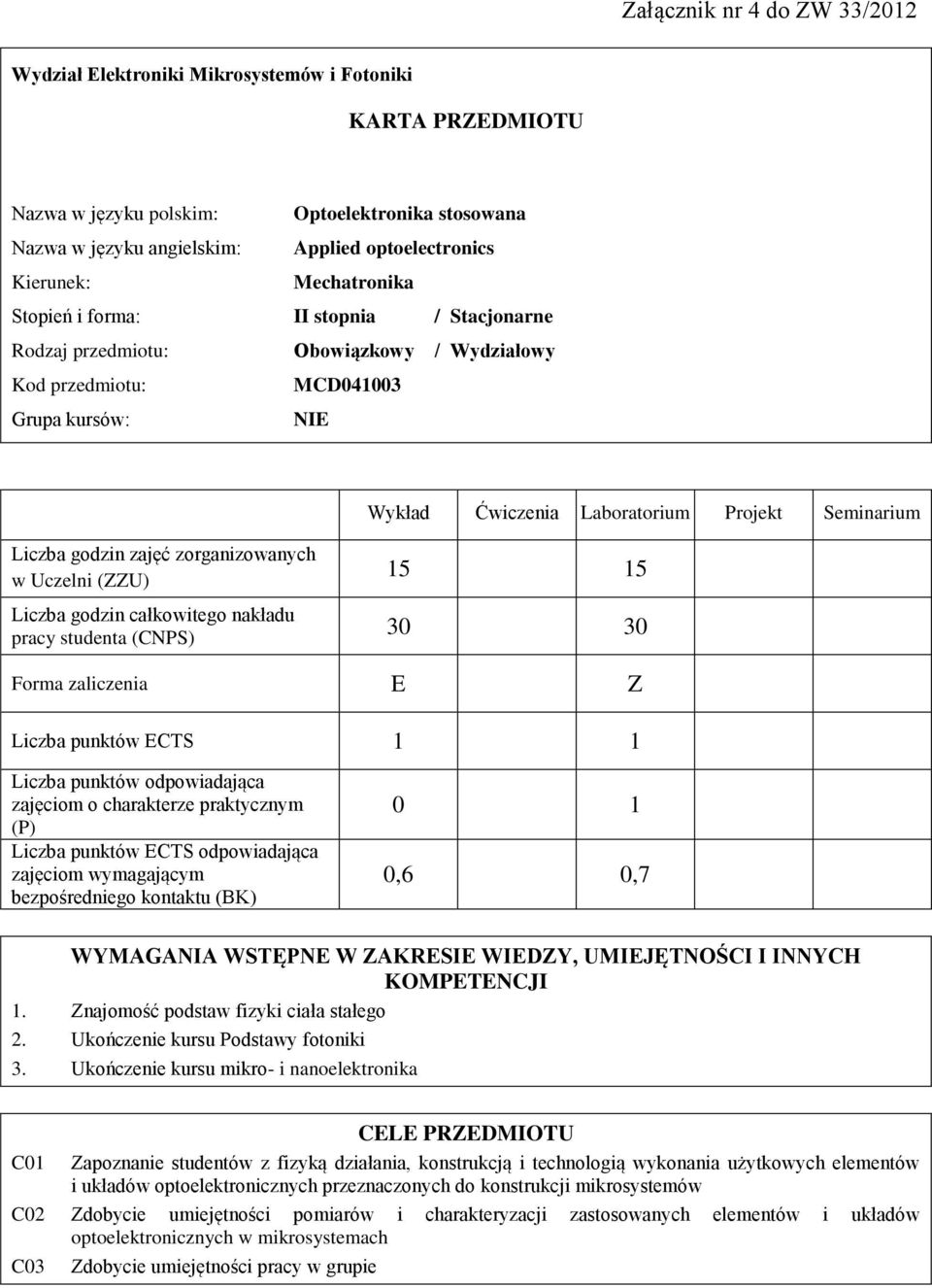 zorganizowanych w Uczelni (ZZU) całkowitego nakładu pracy studenta (CNPS) 15 15 30 30 Forma zaliczenia E Z Liczba punktów ECTS 1 1 Liczba punktów odpowiadająca zajęciom o charakterze praktycznym (P)