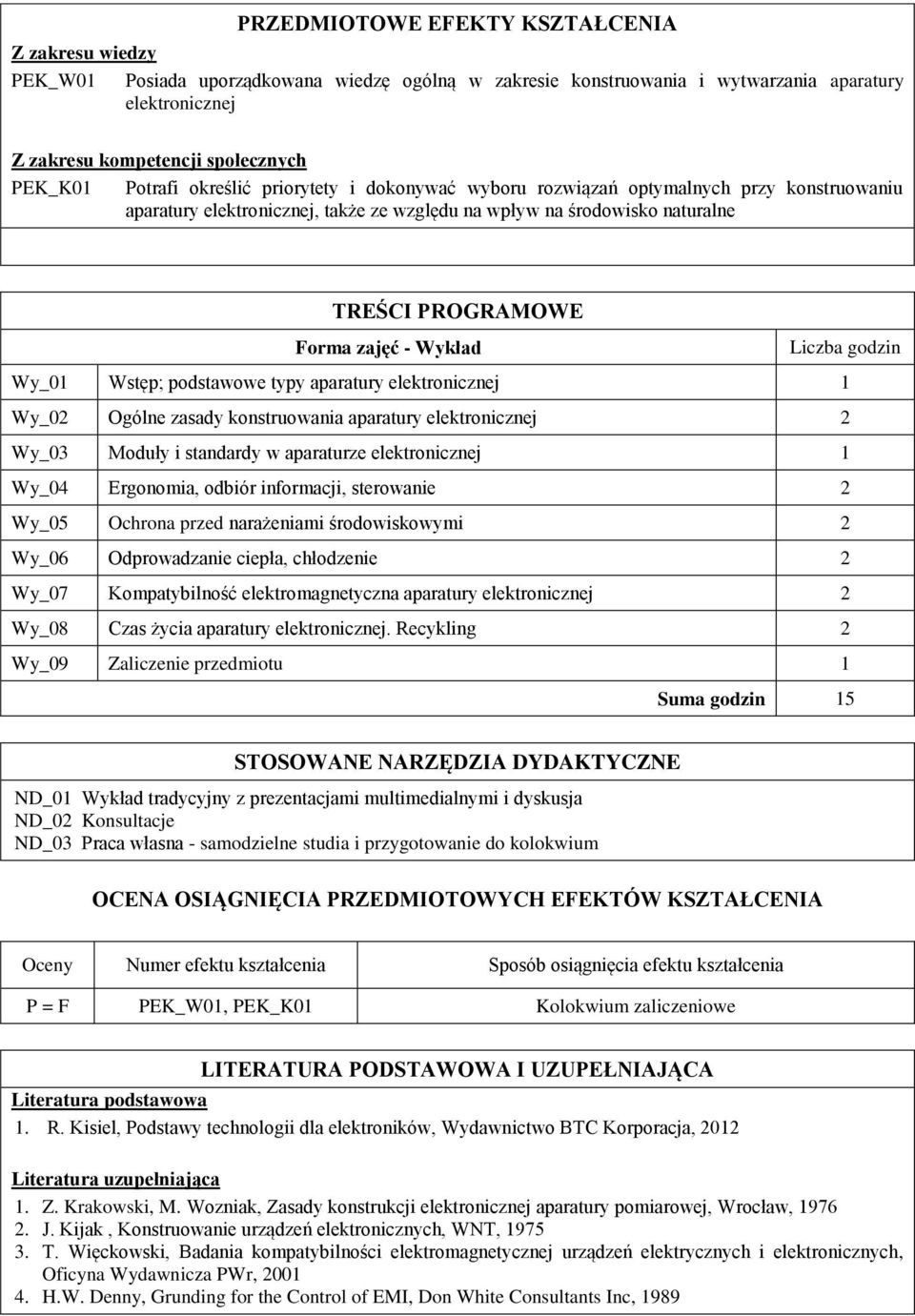 Wykład Wy_01 Wstęp; podstawowe typy aparatury elektronicznej 1 Wy_0 Ogólne zasady konstruowania aparatury elektronicznej Wy_03 Moduły i standardy w aparaturze elektronicznej 1 Wy_04 Ergonomia, odbiór