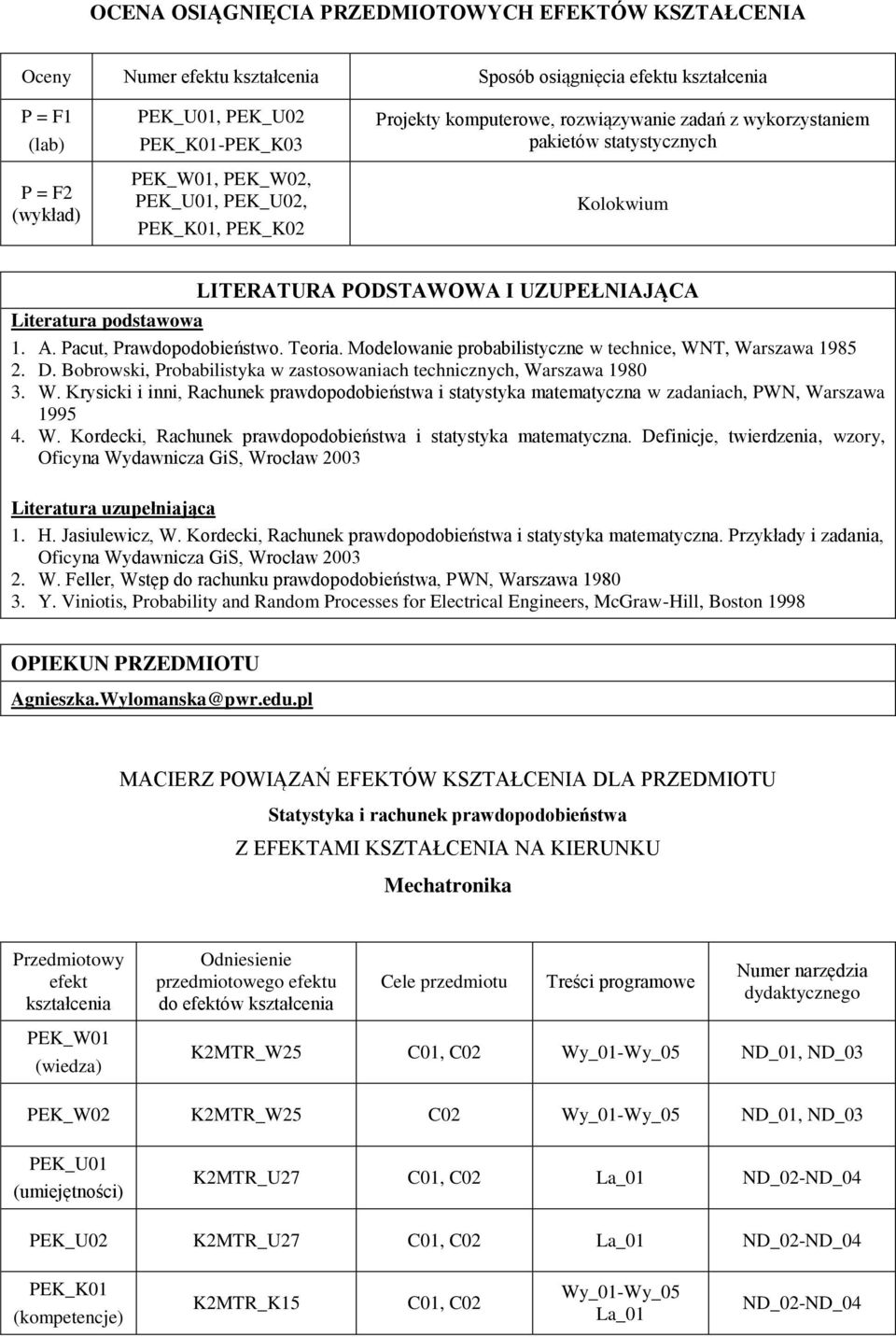 Pacut, Prawdopodobieństwo. Teoria. Modelowanie probabilistyczne w technice, WNT, Warszawa 1985. D. Bobrowski, Probabilistyka w zastosowaniach technicznych, Warszawa 1980 3. W. Krysicki i inni, Rachunek prawdopodobieństwa i statystyka matematyczna w zadaniach, PWN, Warszawa 1995 4.