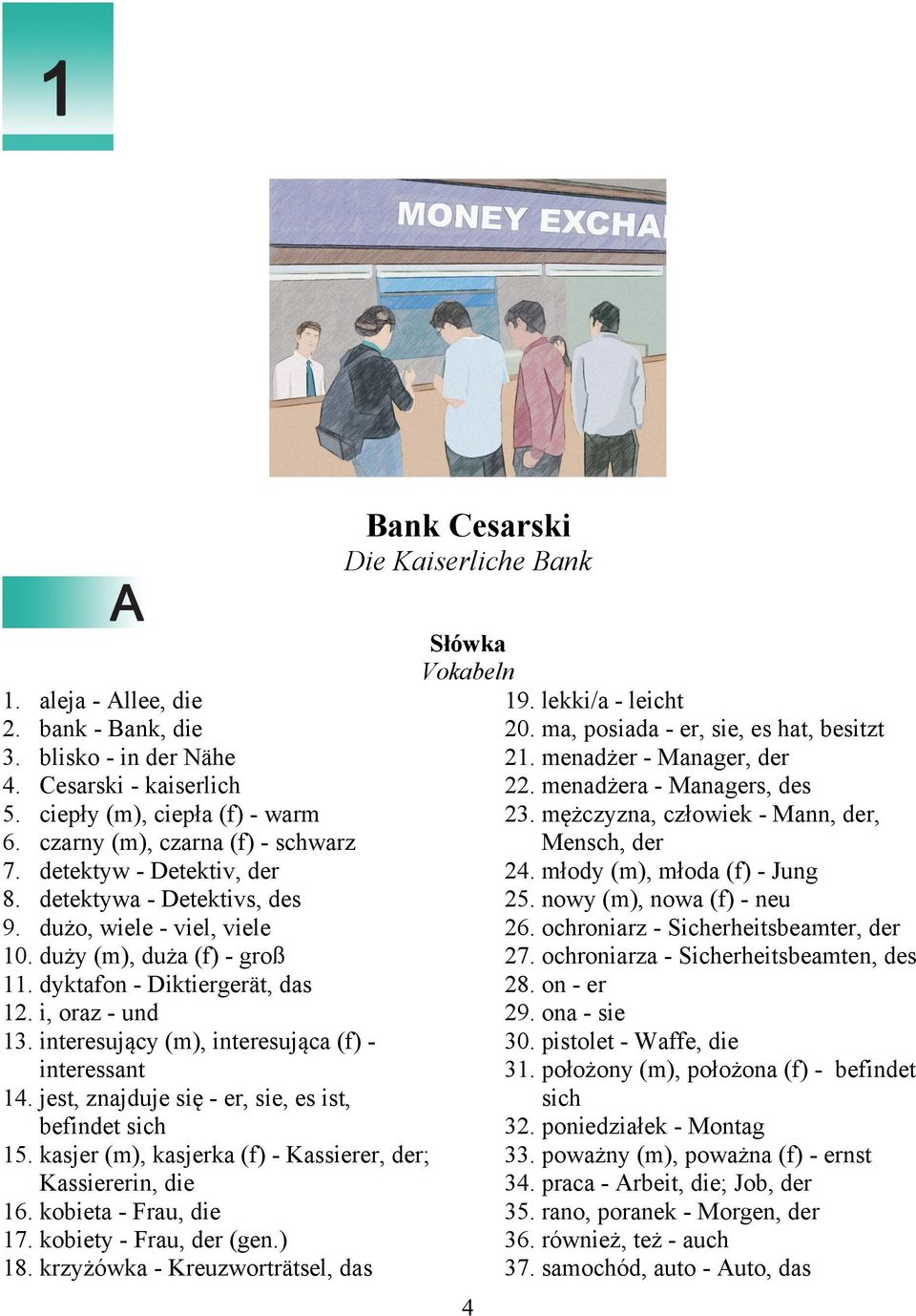 interesujący (m), interesująca (f) - interessant 14. jest, znajduje się - er, sie, es ist, befindet sich 15. kasjer (m), kasjerka (f) - Kassierer, der; Kassiererin, die 16. kobieta - Frau, die 17.