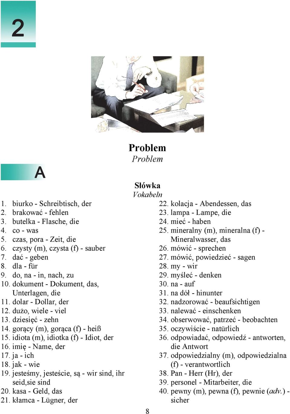 idiota (m), idiotka (f) - Idiot, der 16. imię - Name, der 17. ja - ich 18. jak - wie 19. jesteśmy, jesteście, są - wir sind, ihr seid,sie sind 20. kasa - Geld, das 21.