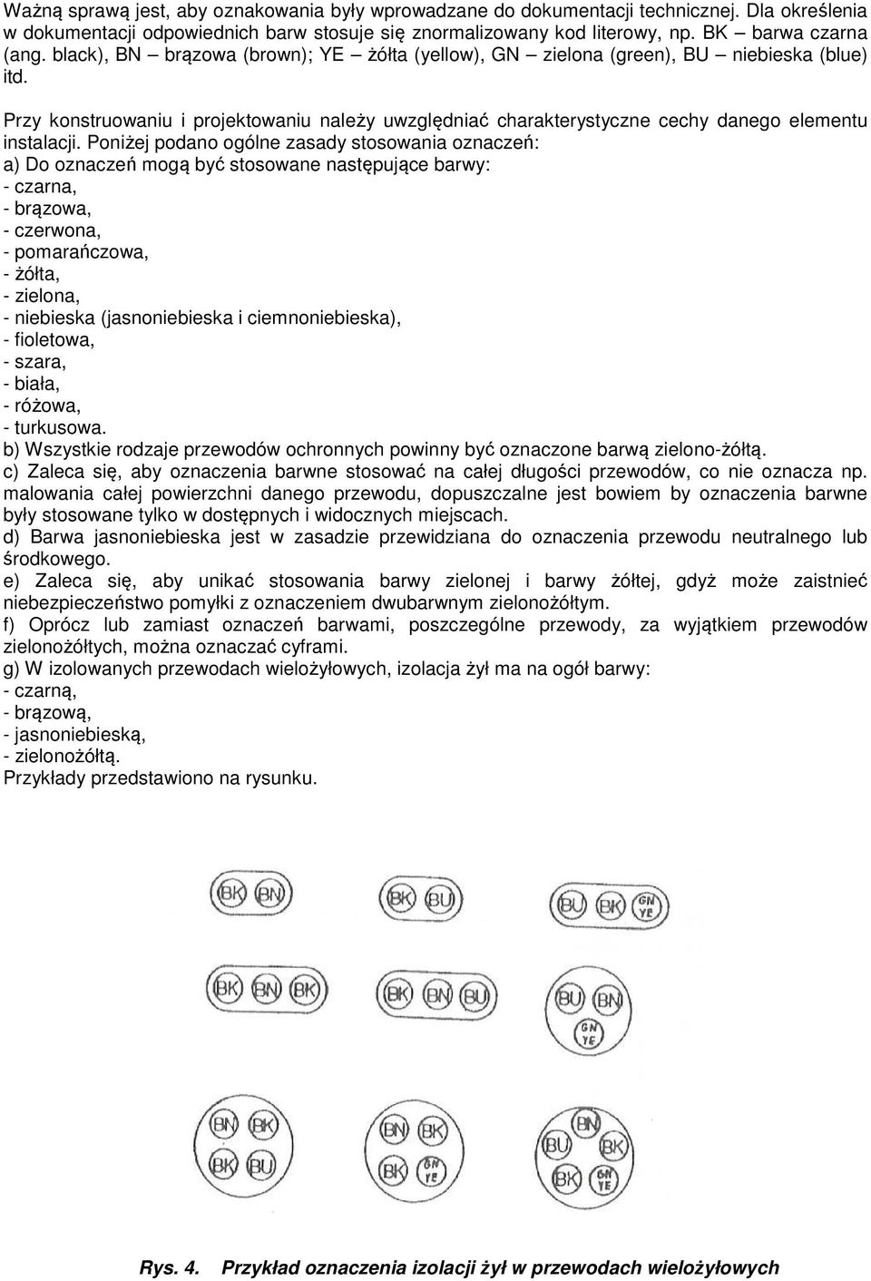 Poniżej podano ogólne zasady stosowania oznaczeń: a) Do oznaczeń mogą być stosowane następujące barwy: - czarna, - brązowa, - czerwona, - pomarańczowa, - żółta, - zielona, - niebieska (jasnoniebieska