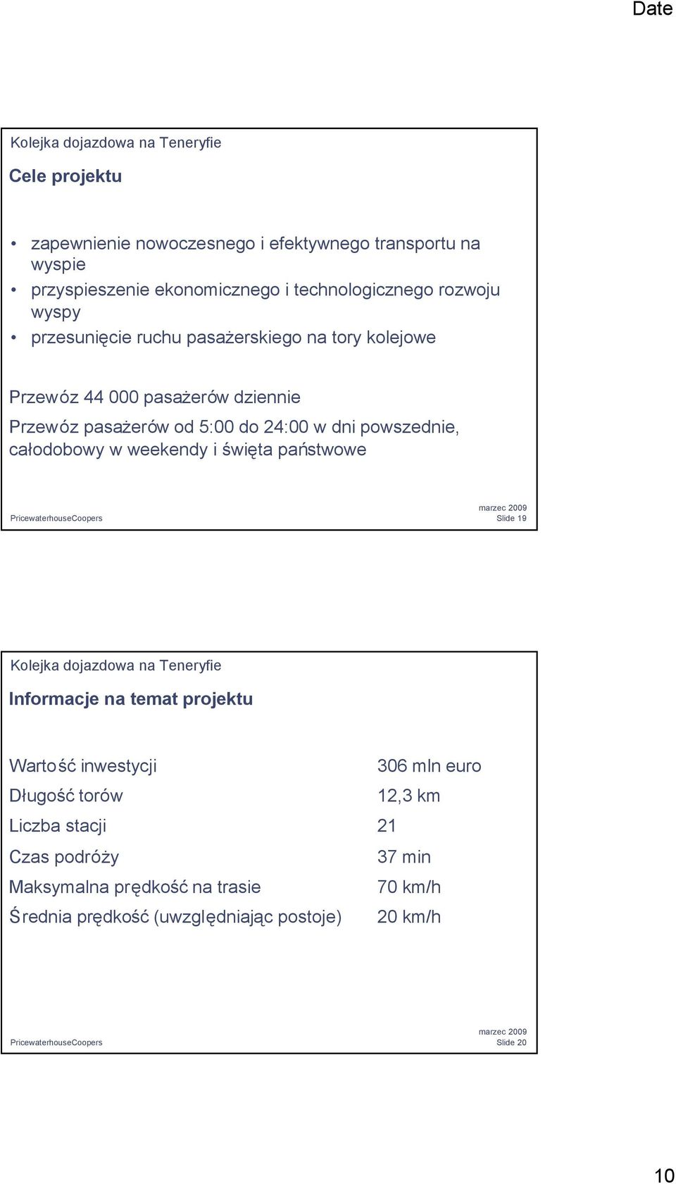 w dni powszednie, cał odobowy w weekendy i święta państwowe Slide 19 Kolejka dojazdowa na Teneryfie Informacje na temat projektu Wartośćinwestycji 306