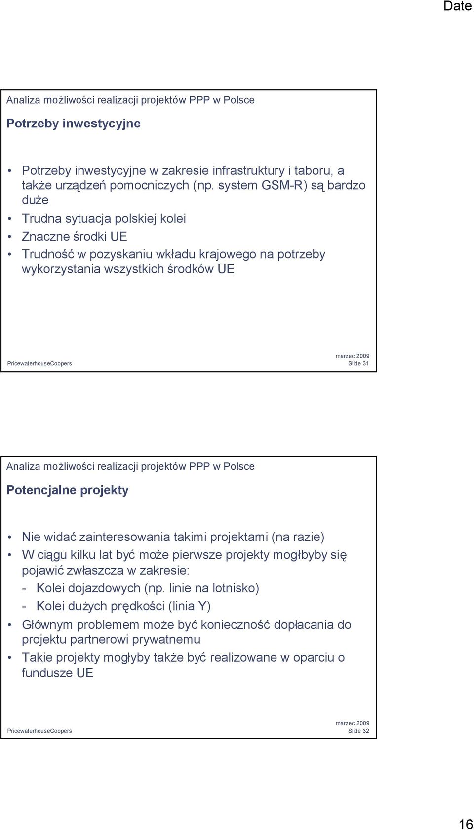 realizacji projektów PPP w Polsce Potencjalne projekty Nie widaćzainteresowania takimi projektami (na razie) W ciągu kilku lat byćmoże pierwsze projekty mogł byby się pojawićzwł aszcza w zakresie: -