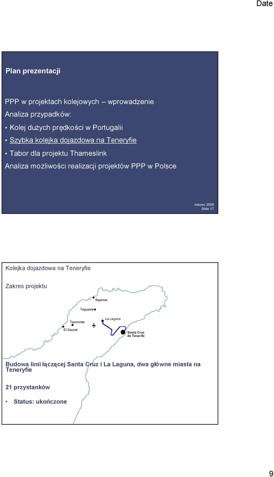 realizacji projektów PPP w Polsce Slide 17 Kolejka dojazdowa na Teneryfie Zakres projektu Budowa linii