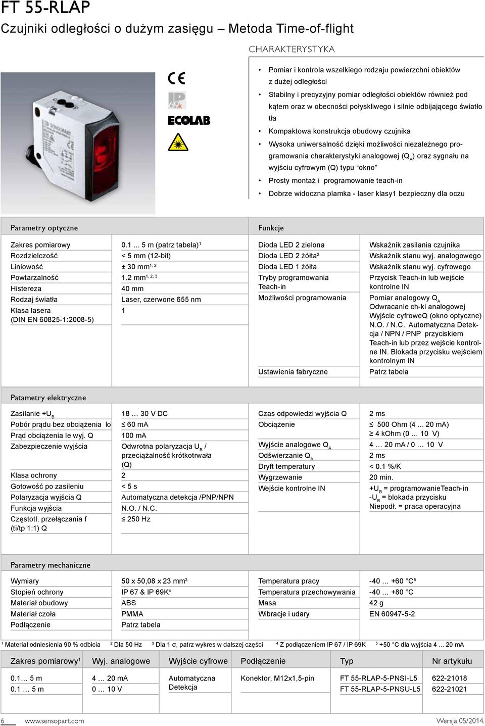 programowania charakterystyki analogowej (Q A ) oraz sygnału na wyjściu cyfrowym (Q) typu okno Prosty montaż i programowanie teach-in Dobrze widoczna plamka - laser klasy bezpieczny dla oczu