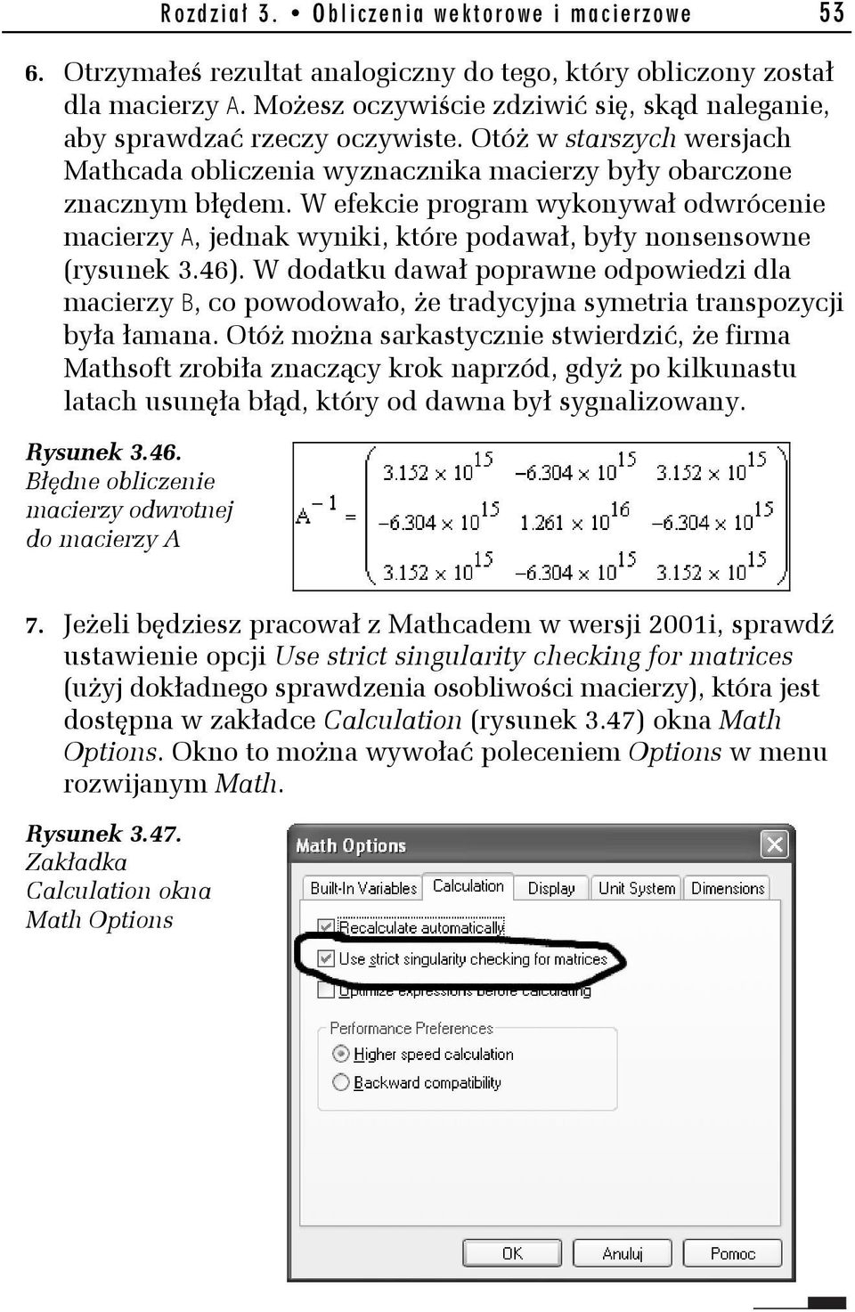 W efekcie program wykonywał odwrócenie macierzy A, jednak wyniki, które podawał, były nonsensowne (rysunek 3.46).