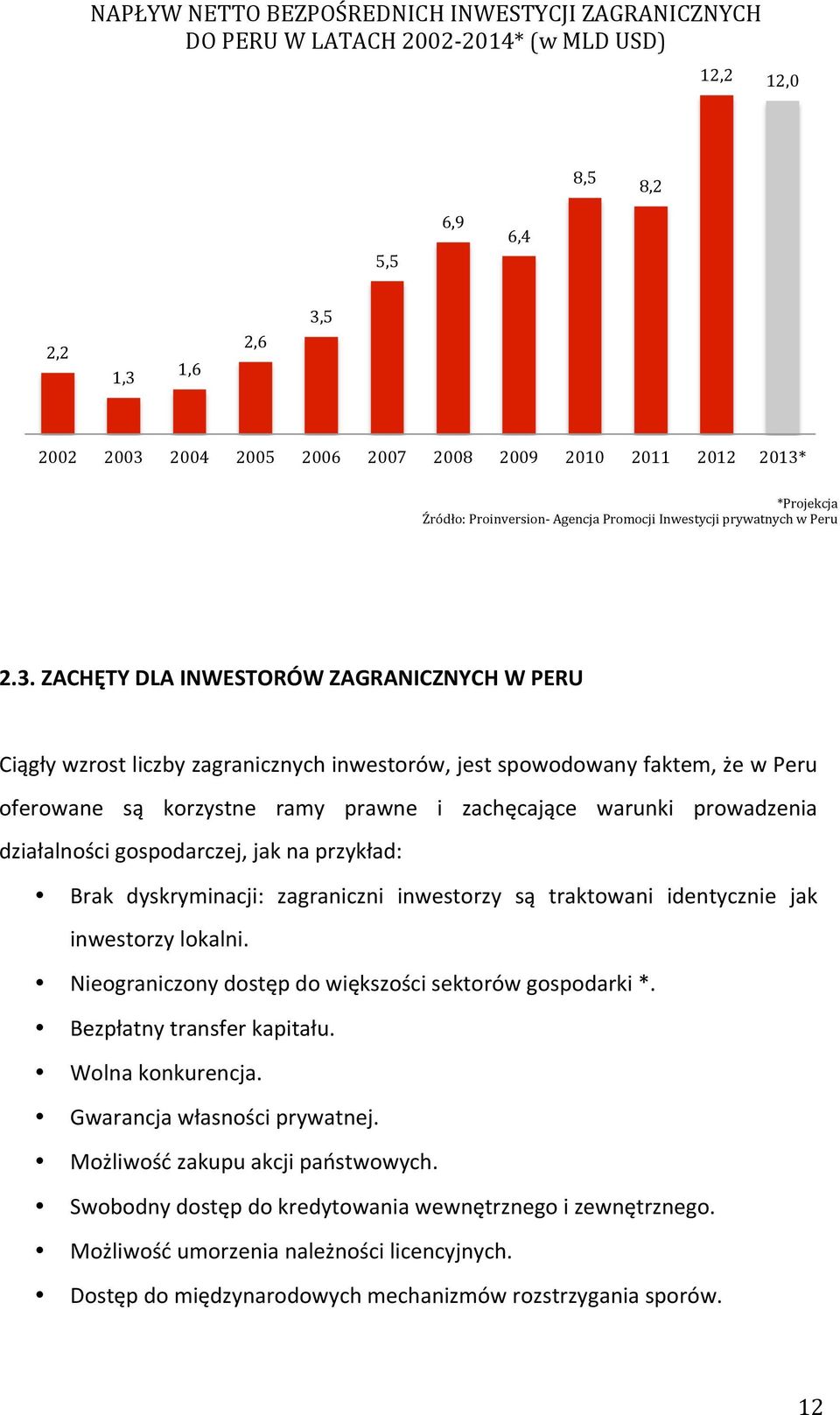 faktem, że w Peru oferowane są korzystne ramy prawne i zachęcające warunki prowadzenia działalności gospodarczej, jak na przykład: Brak dyskryminacji: zagraniczni inwestorzy są traktowani identycznie