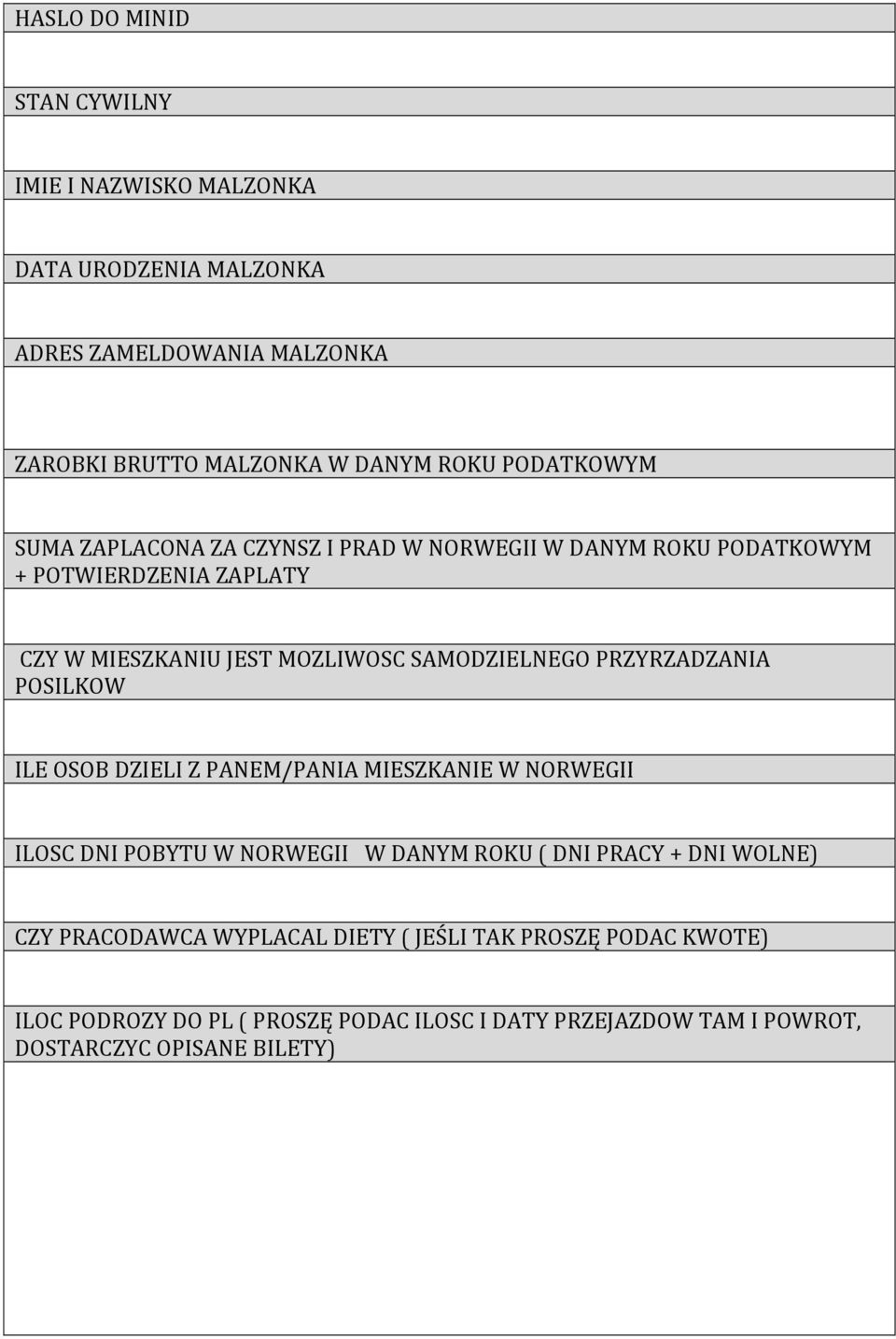 PRZYRZADZANIA POSILKOW ILE OSOB DZIELI Z PANEM/PANIA MIESZKANIE W NORWEGII ILOSC DNI POBYTU W NORWEGII W DANYM ROKU ( DNI PRACY + DNI WOLNE) CZY