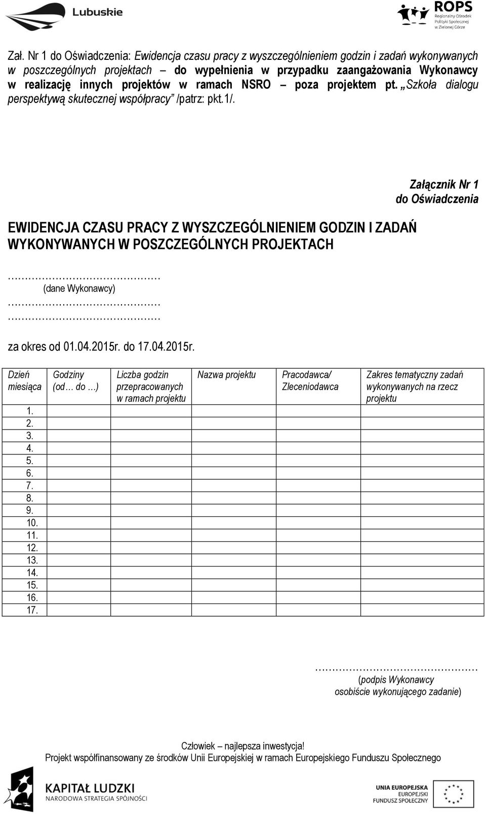 EWIDENCJA CZASU PRACY Z WYSZCZEGÓLNIENIEM GODZIN I ZADAŃ WYKONYWANYCH W POSZCZEGÓLNYCH PROJEKTACH (dane Wykonawcy) za okres od 01.04.2015r. do 17.04.2015r. Załącznik Nr 1 do Oświadczenia Dzień miesiąca 1.