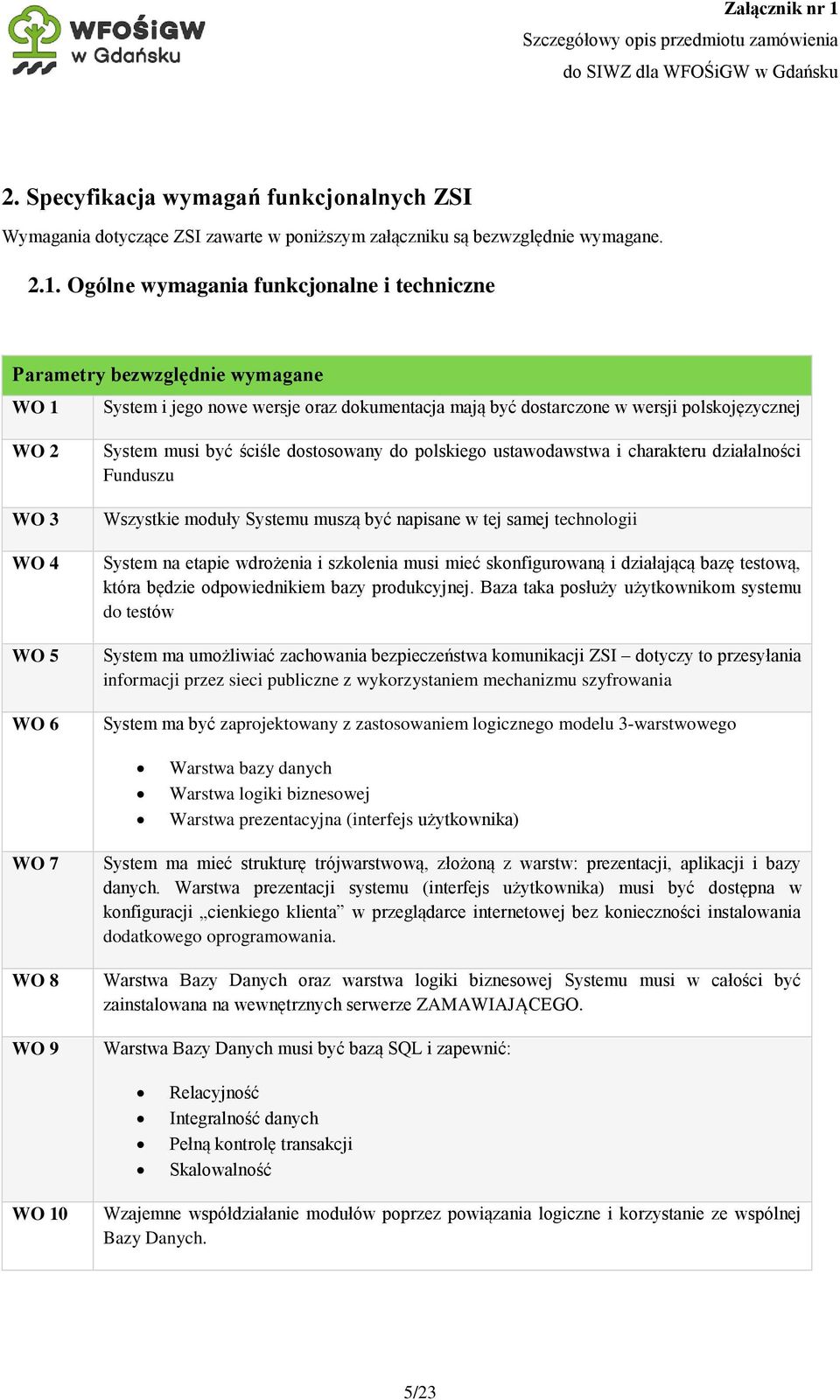 System musi być ściśle dostosowany do polskiego ustawodawstwa i charakteru działalności Funduszu Wszystkie moduły Systemu muszą być napisane w tej samej technologii System na etapie wdrożenia i