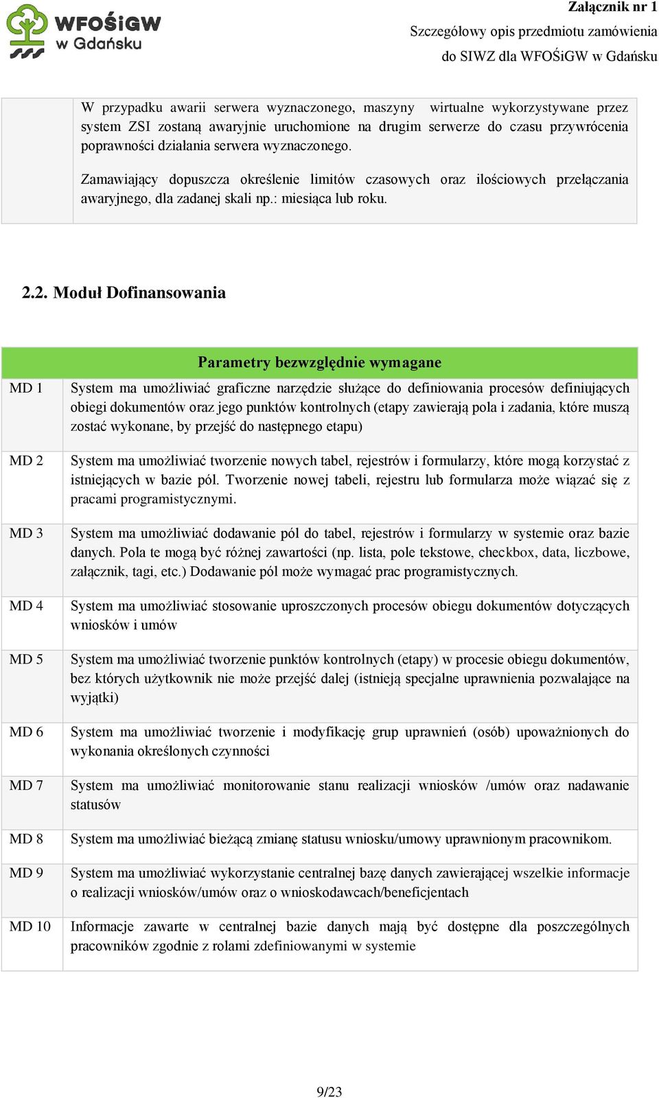 2. Moduł Dofinansowania MD 1 MD 2 MD 3 MD 4 MD 5 MD 6 MD 7 MD 8 MD 9 MD 10 Parametry bezwzględnie wymagane System ma umożliwiać graficzne narzędzie służące do definiowania procesów definiujących