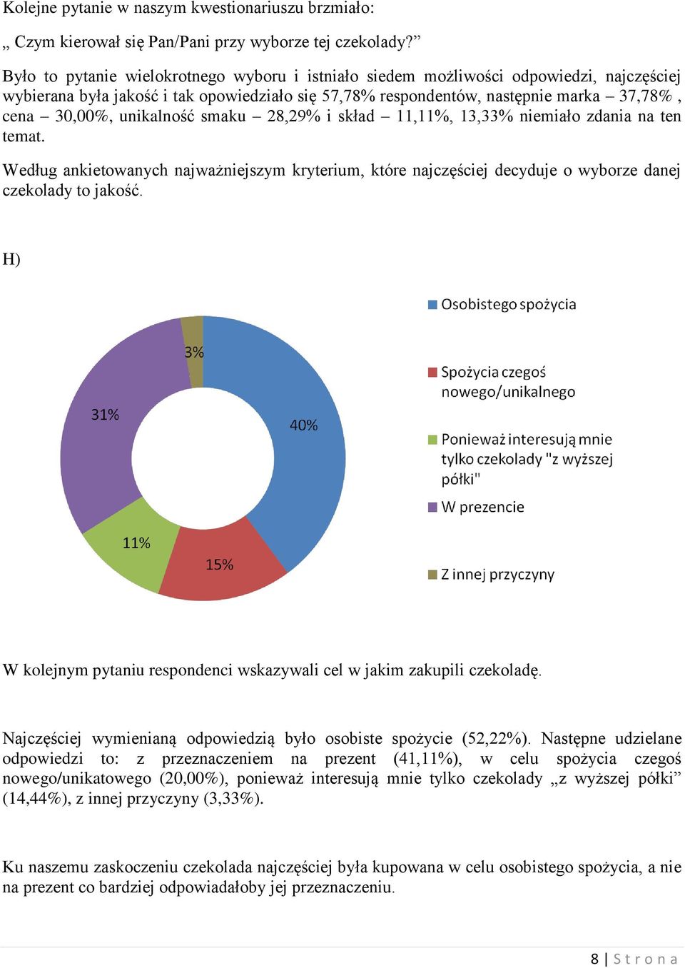 unikalność smaku 28,29% i skład 11,11%, 13,33% niemiało zdania na ten temat. Według ankietowanych najważniejszym kryterium, które najczęściej decyduje o wyborze danej czekolady to jakość.