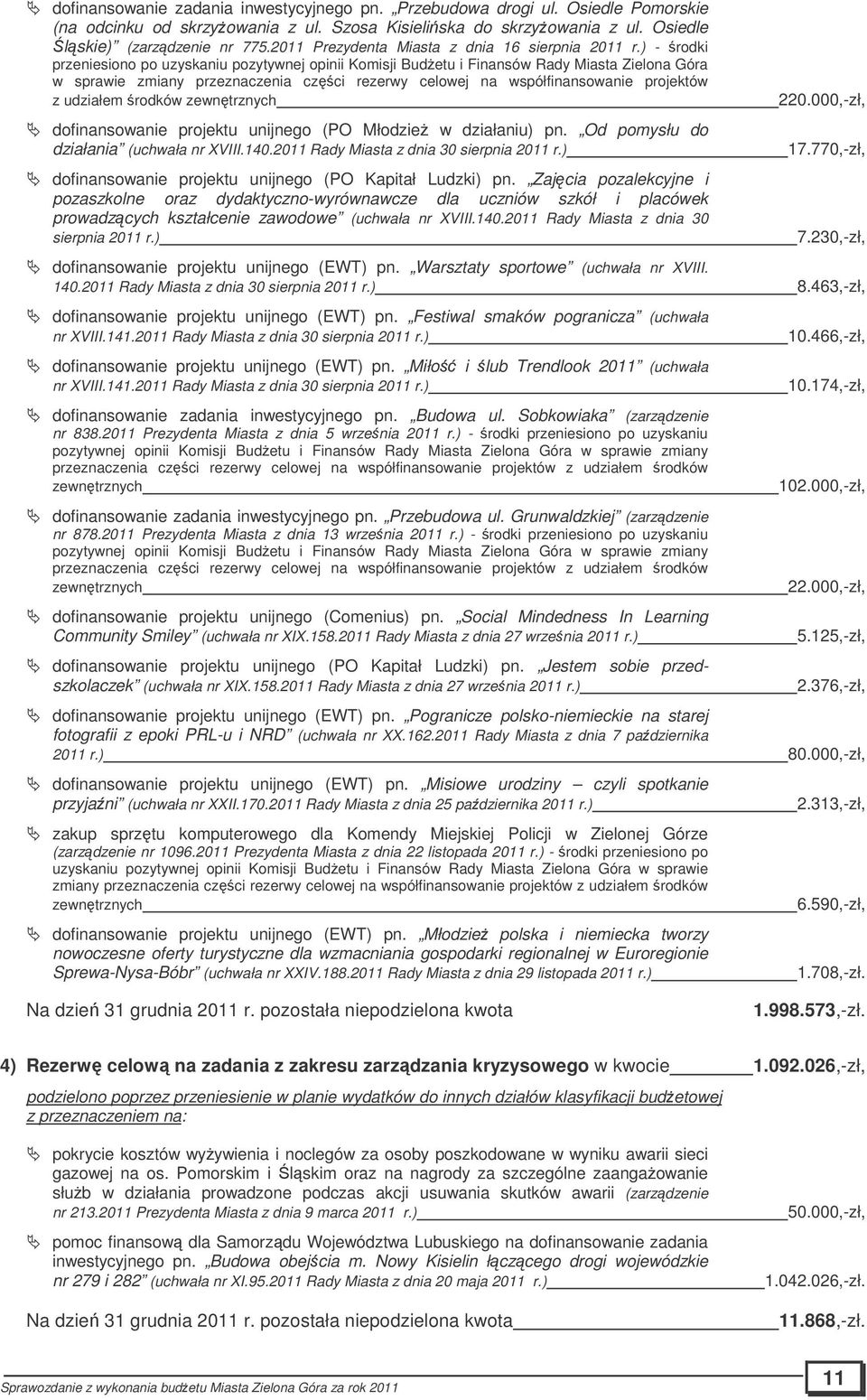 ) - rodki przeniesiono po uzyskaniu pozytywnej opinii Komisji Budetu i Finansów Rady Miasta Zielona Góra w sprawie zmiany przeznaczenia czci rezerwy celowej na współfinansowanie projektów z udziałem