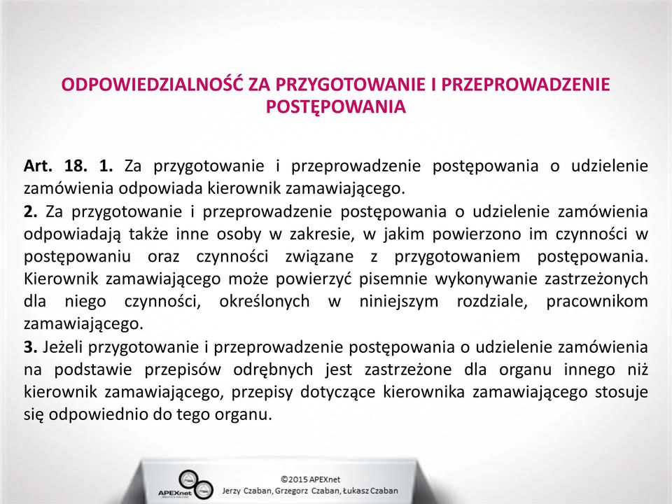 przygotowaniem postępowania. Kierownik zamawiającego może powierzyć pisemnie wykonywanie zastrzeżonych dla niego czynności, określonych w niniejszym rozdziale, pracownikom zamawiającego. 3.