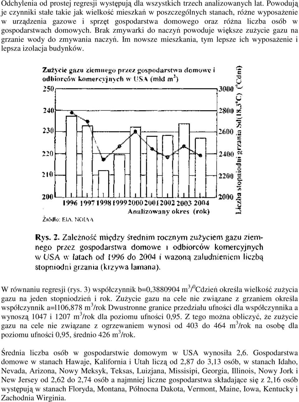 Brak zmywarki do naczyń powoduje większe zuŝycie gazu na grzanie wody do zmywania naczyń. Im nowsze mieszkania, tym lepsze ich wyposaŝenie i lepsza izolacja budynków. W równaniu regresji (rys.