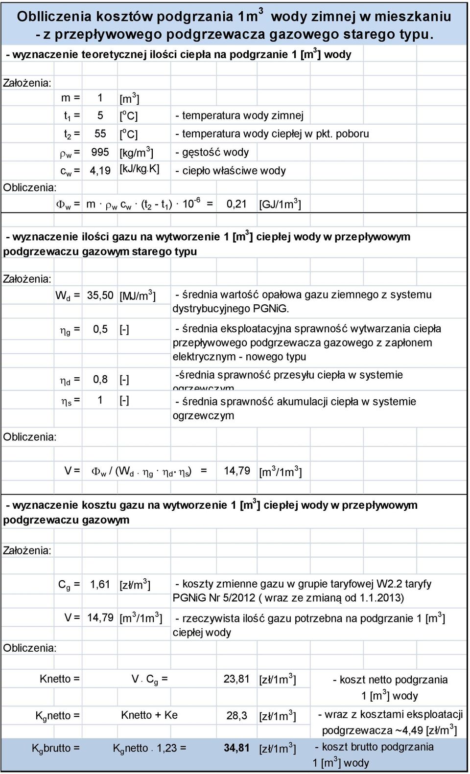 poboru ρ w = 995 [kg/m 3 - gęstość wody c w = 4,19 [kj/kg K - ciepło właściwe wody Φ w = m ρ 0,21 [GJ/1m 3 w c w (t 2 - t 1 ) 10-6 = - wyznaczenie ilości gazu na wytworzenie 1 [m 3 ciepłej wody w