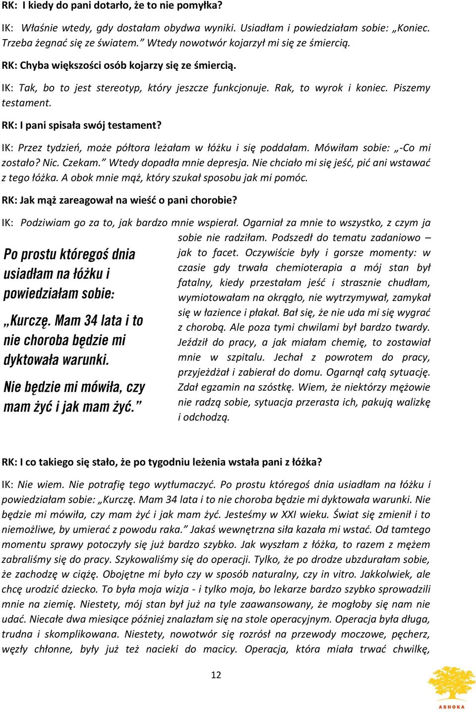 RK: I pani spisała swój testament? IK: Przez tydzień, może półtora leżałam w łóżku i się poddałam. Mówiłam sobie: -Co mi zostało? Nic. Czekam. Wtedy dopadła mnie depresja.