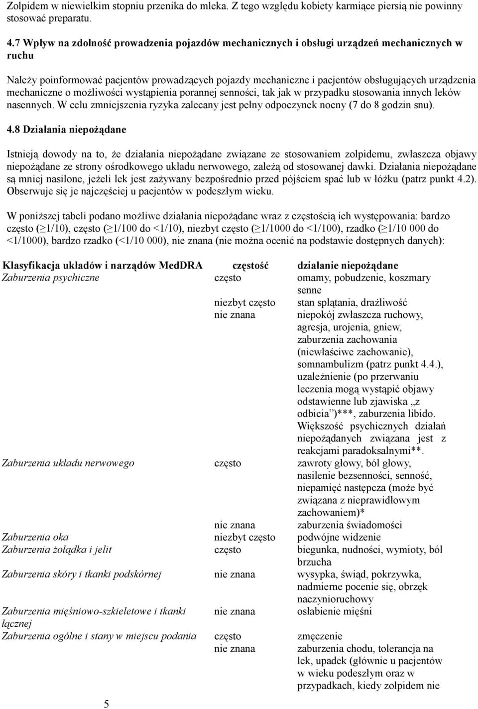 mechaniczne o możliwości wystąpienia porannej senności, tak jak w przypadku stosowania innych leków nasennych. W celu zmniejszenia ryzyka zalecany jest pełny odpoczynek nocny (7 do 8 godzin snu). 4.