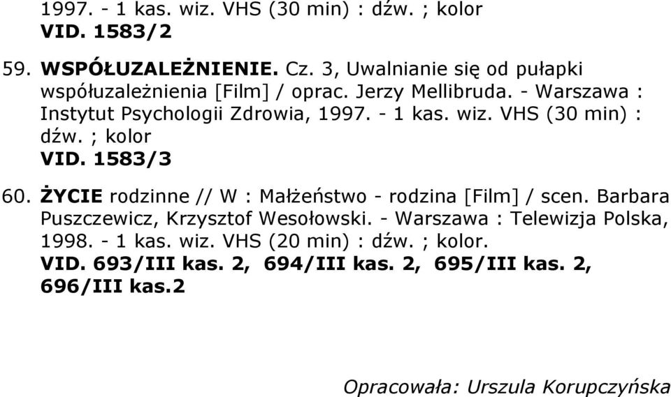 - 1 kas. wiz. VHS (30 min) : dźw. ; VID. 1583/3 60. ŻYCIE rodzinne // W : Małżeństwo - rodzina [Film] / scen.