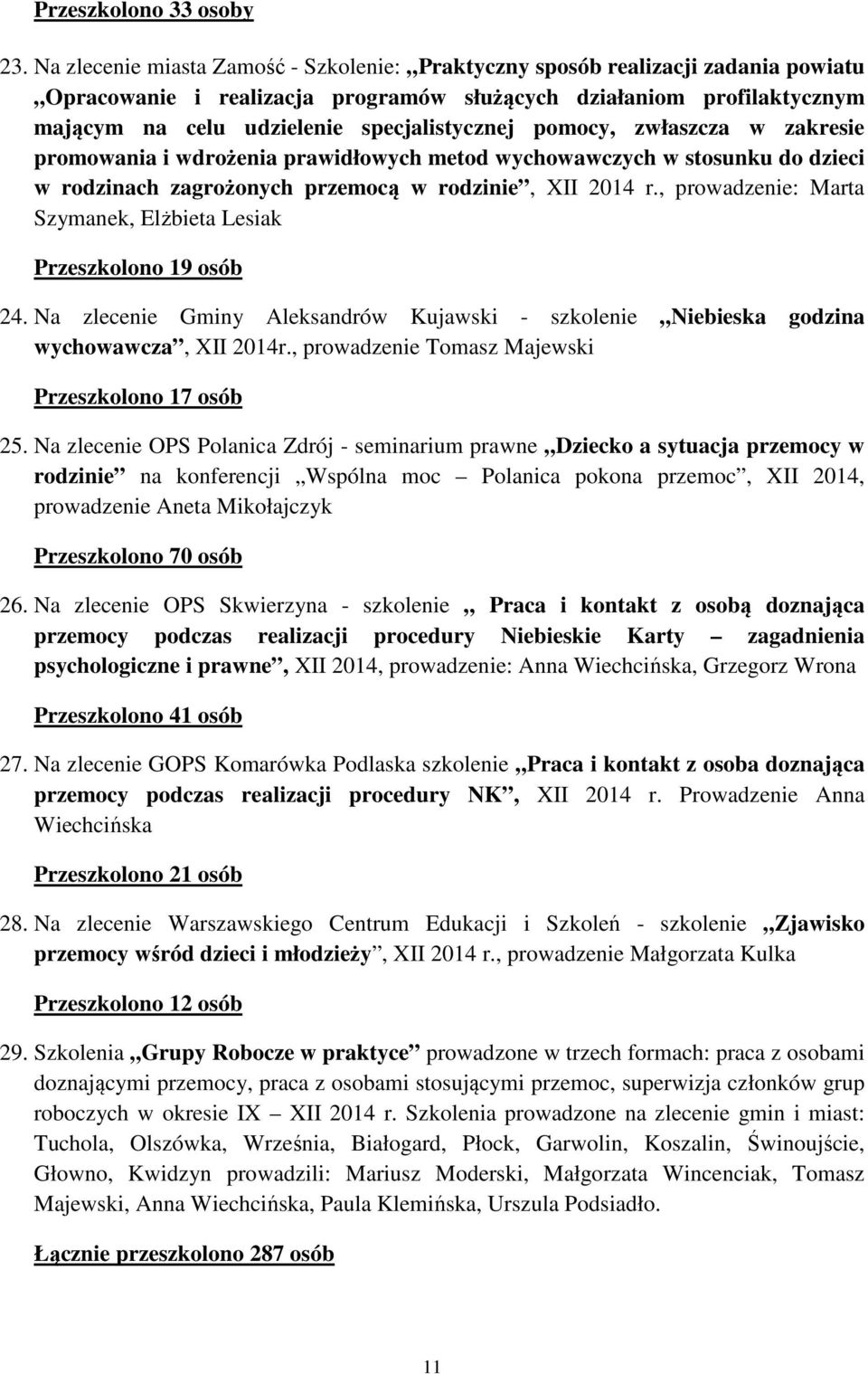 pomocy, zwłaszcza w zakresie promowania i wdrożenia prawidłowych metod wychowawczych w stosunku do dzieci w rodzinach zagrożonych przemocą w rodzinie, XII 2014 r.