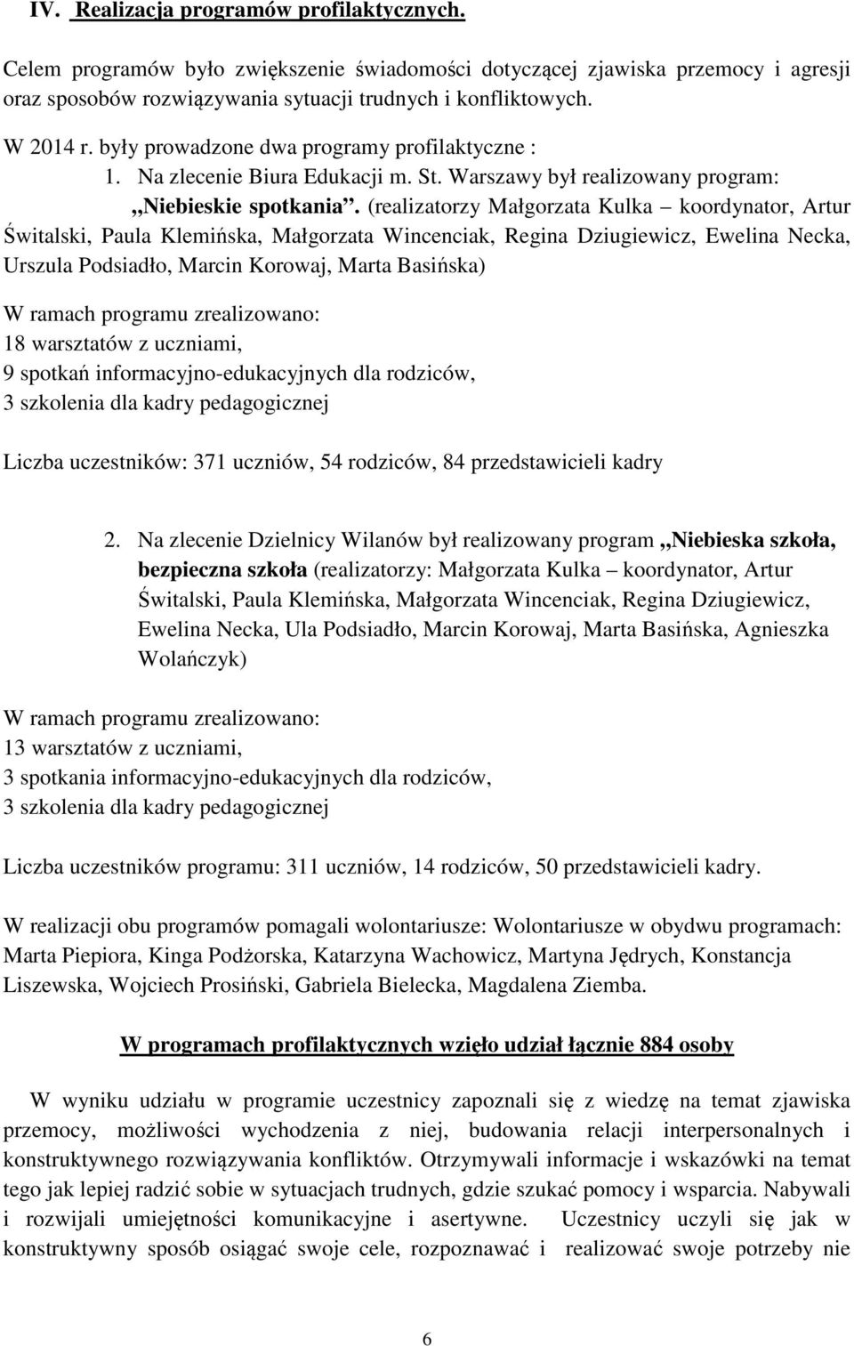 (realizatorzy Małgorzata Kulka koordynator, Artur Świtalski, Paula Klemińska, Małgorzata Wincenciak, Regina Dziugiewicz, Ewelina Necka, Urszula Podsiadło, Marcin Korowaj, Marta Basińska) W ramach