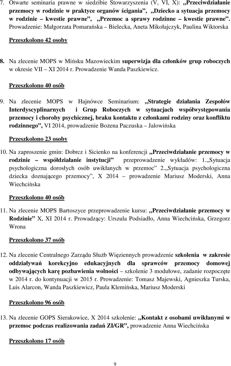 Na zlecenie MOPS w Mińsku Mazowieckim superwizja dla członków grup roboczych w okresie VII XI 2014 r. Prowadzenie Wanda Paszkiewicz. Przeszkolono 40 osób 9.