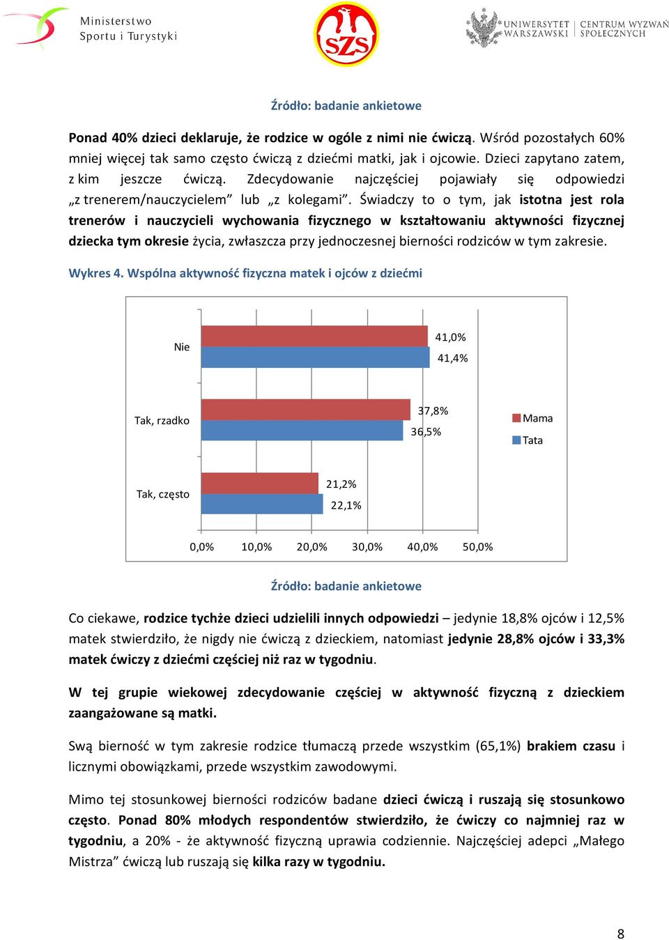 Świadczy to o tym, jak istotna jest rola trenerów i nauczycieli wychowania fizycznego w kształtowaniu aktywności fizycznej dziecka tym okresie życia, zwłaszcza przy jednoczesnej bierności rodziców w