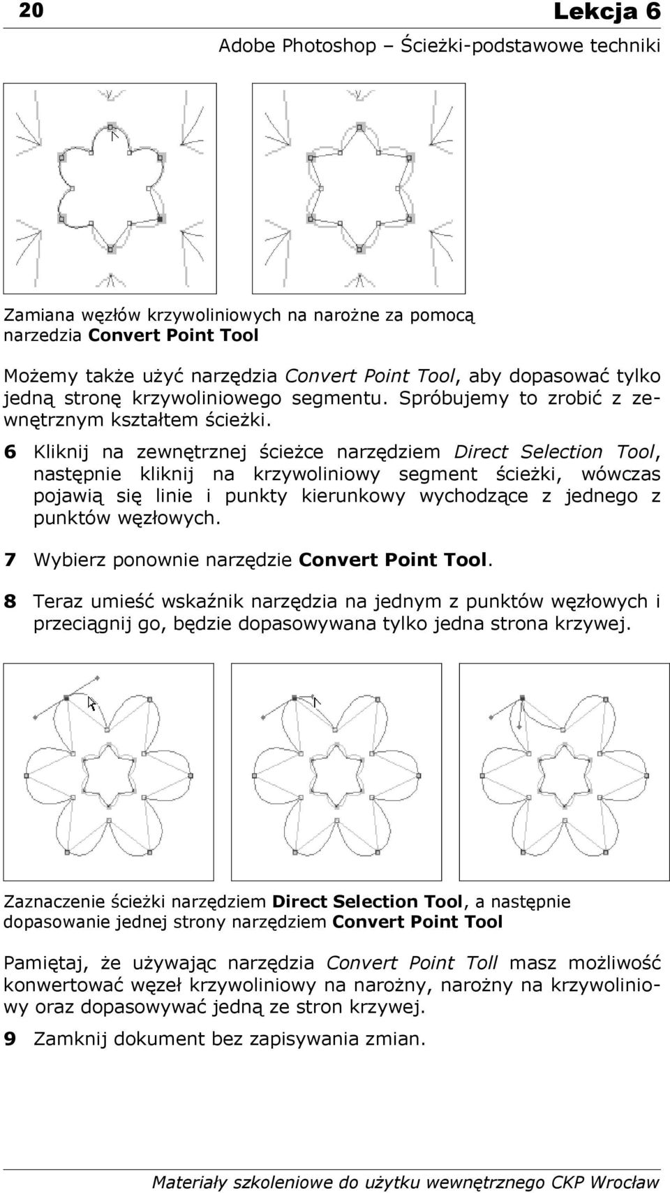 6 Kliknij na zewnętrznej ścieżce narzędziem Direct Selection Tool, następnie kliknij na krzywoliniowy segment ścieżki, wówczas pojawią się linie i punkty kierunkowy wychodzące z jednego z punktów