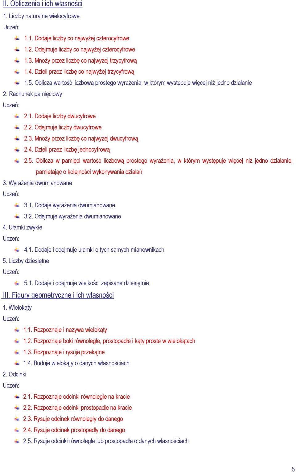 Rachunek pamięciowy 2.1. Dodaje liczby dwucyfrowe 2.2. Odejmuje liczby dwucyfrowe 2.3. Mnoży przez liczbę co najwyżej dwucyfrową 2.4. Dzieli przez liczbę jednocyfrową 2.5.