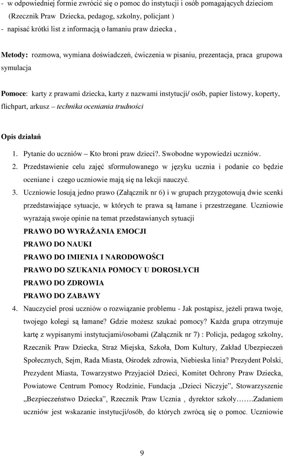 arkusz technika oceniania trudności Opis działań 1. Pytanie do uczniów Kto broni praw dzieci?. Swobodne wypowiedzi uczniów. 2.