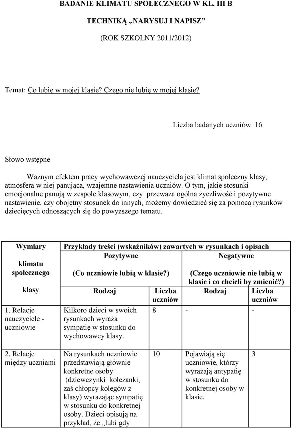 O tym, jakie stosunki emocjonalne panują w zespole klasowym, czy przeważa ogólna życzliwość i pozytywne nastawienie, czy obojętny stosunek do innych, możemy dowiedzieć się za pomocą rysunków