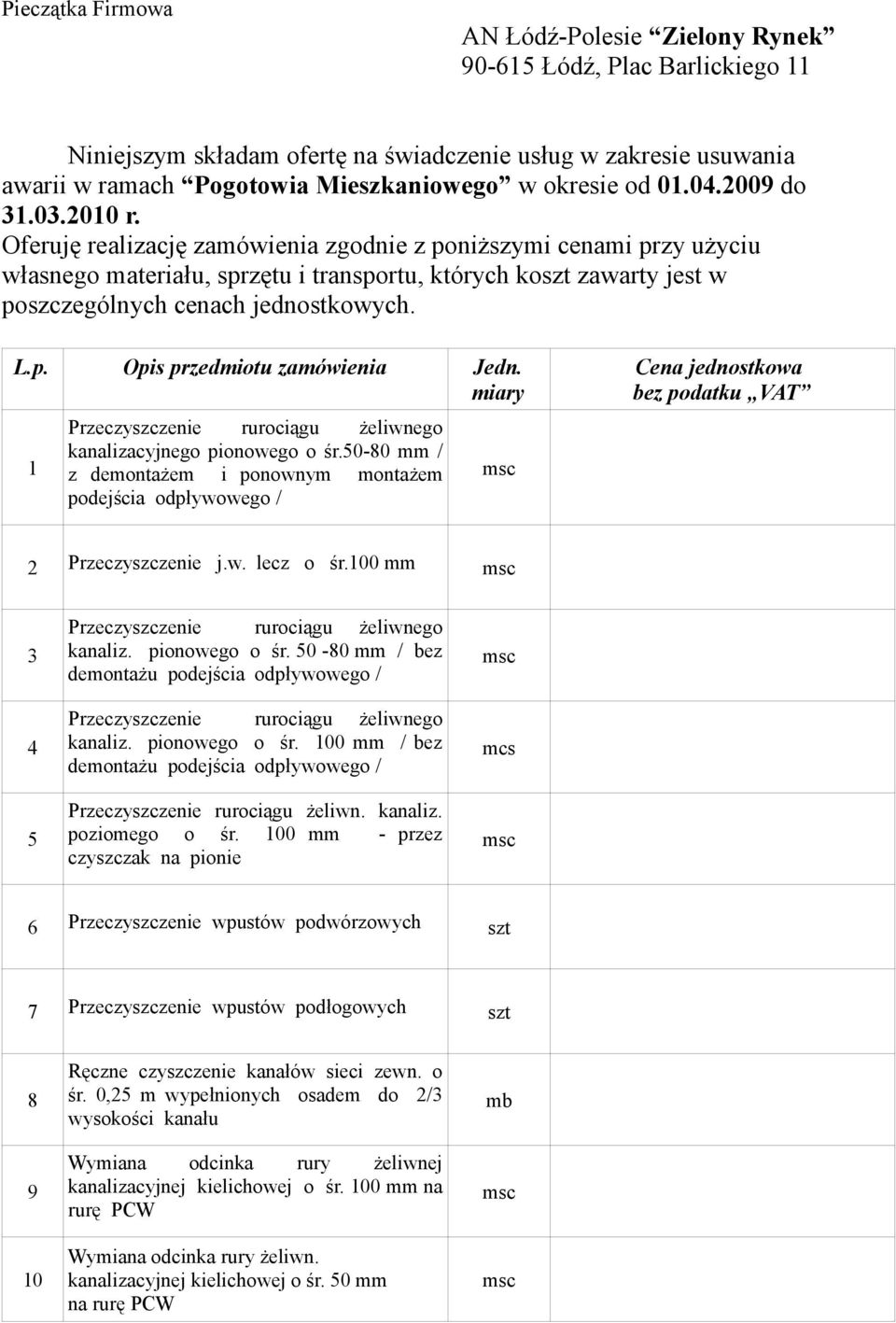 Oferuję realizację zamówienia zgodnie z poniższymi cenami przy użyciu własnego materiału, sprzętu i transportu, których ko zawarty jest w poszczególnych cenach jednostkowych. L.p. Opis przedmiotu zamówienia Jedn.