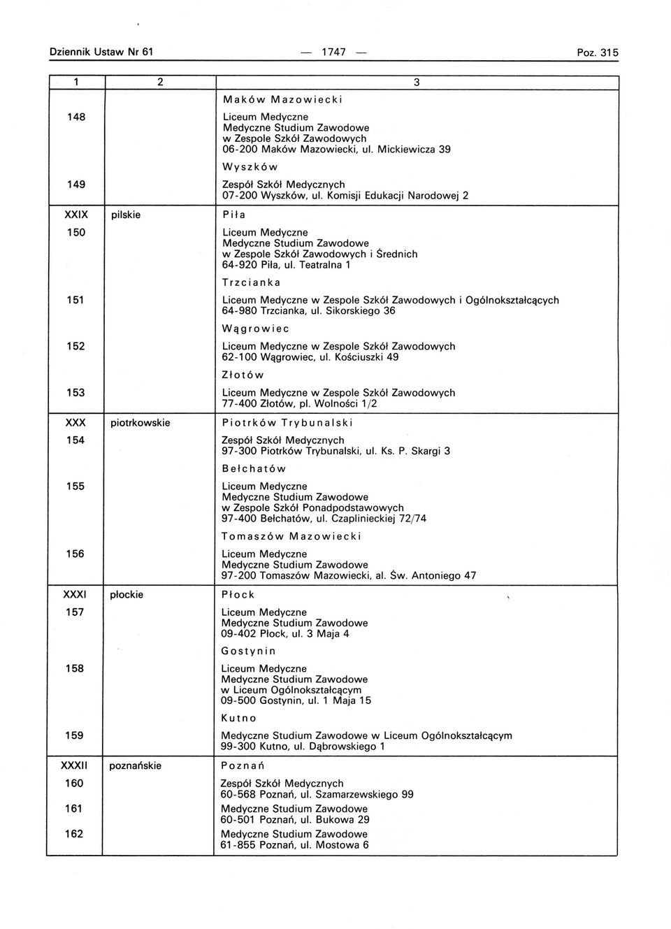 Teatralna 1 Trzcianka 151 Liceum Medyczne w Zespole Szkół Zawodowych i Ogólnokształcących 64-980 Trzcianka, ul.