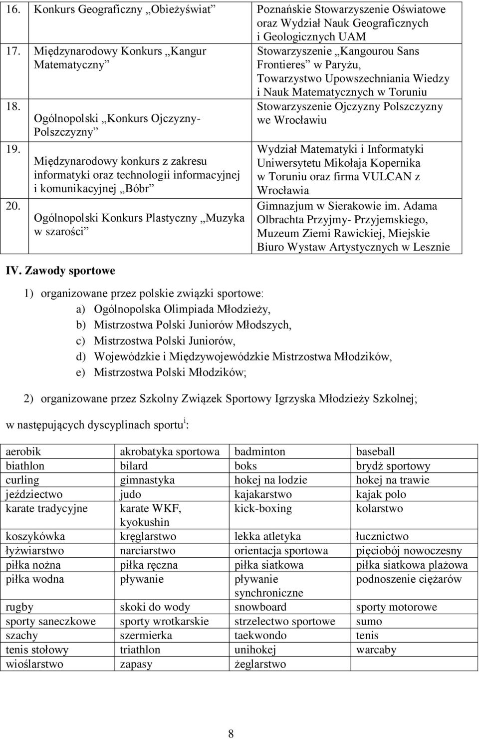 Zawody sportowe Stowarzyszenie Kangourou Sans Frontieres w Paryżu, Towarzystwo Upowszechniania Wiedzy i Nauk Matematycznych w Toruniu Stowarzyszenie Ojczyzny Polszczyzny we Wrocławiu Wydział