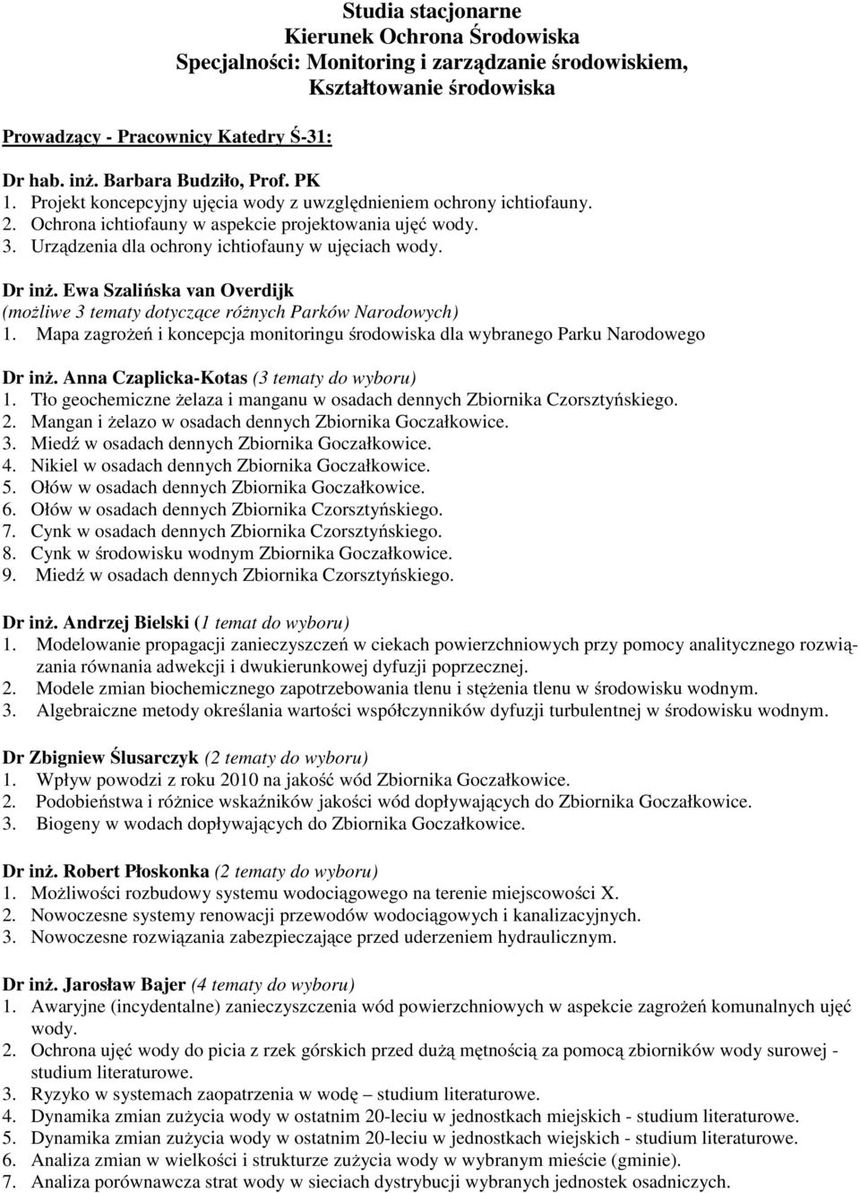 Ewa Szalińska van Overdijk (możliwe 3 tematy dotyczące różnych Parków Narodowych) 1. Mapa zagrożeń i koncepcja monitoringu środowiska dla wybranego Parku Narodowego Dr inż.